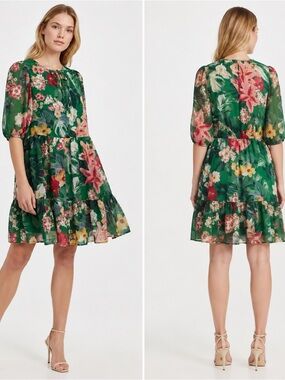 Eliza J Women’s Green Floral Balloon Sleeve Knee Length Dress Womens 10/Med NEW